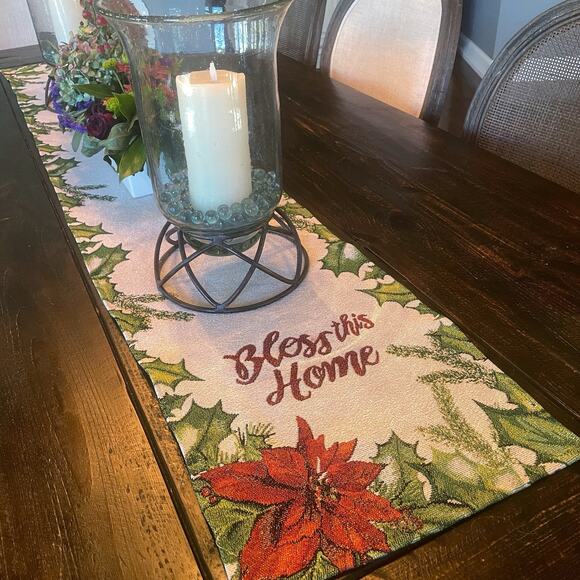 Bless This Home Christmas Poinsettia Tapestry Table Runner 13x70 Cream Red NWT - Picture 1 of 8